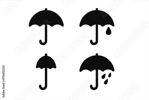 Minimalist umbrella icons set in black silhouette. Vector illustration for weather forecast, rain protection, and keep dry symbol. Open and closed parasol with raindrops pictogram.