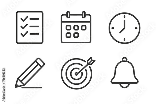 Vector linear icons for business productivity. Time management, planning, goal setting concept. Set includes checklist, calendar, clock, target, pencil, reminder bell.