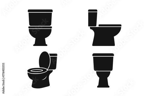 Minimalist toilet icon set. Black silhouette vector illustration. WC restroom sign collection in various angles. Simple flat design bathroom plumbing symbol for web and print.