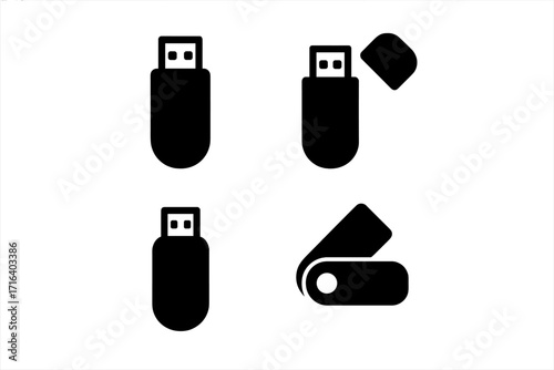 Set of minimalist USB flash drive icons. Black silhouette vector illustration of memory sticks. Data storage, pen drive, and technology concept. Isolated on white background.