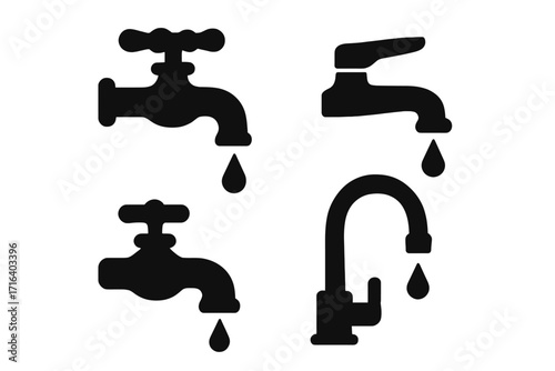 Silhouette set of dripping water taps in various designs, vector cartoon illustration with realistic water drops, plumbing icons, leak concept, transparent background