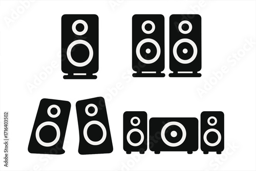 Silhouette icons of audio speakers set in various arrangements, stereo sound system vector illustration, home theater speakers, transparent background, ordered audio equipment set