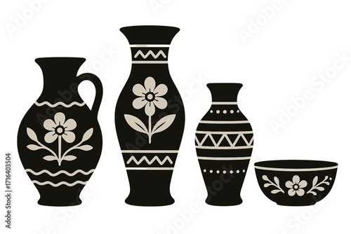 Silhouette pottery set with floral and geometric ornaments, elegant black vases and bowl vector illustration, decorative ceramic home decor, traditional crafts design