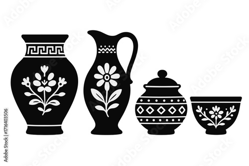 Silhouette pottery set with floral and geometric ornaments, vector cartoon illustration, black and white decorative ceramic vases, jug, bowl with traditional patterns, transparent background