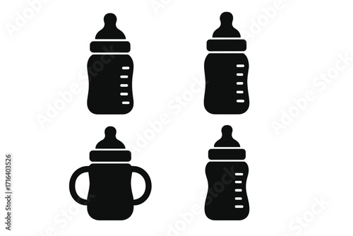 Baby bottle silhouette icon set. Vector collection of feeding bottles for newborn, infant, and toddler. Childcare, milk, and nutrition concept. Minimalist glyph design.