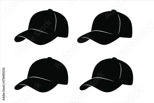 Baseball cap silhouette vector icon set. Black hat collection on white background. Sport headwear fashion accessory. Graphic design element for logo, template, or symbol.