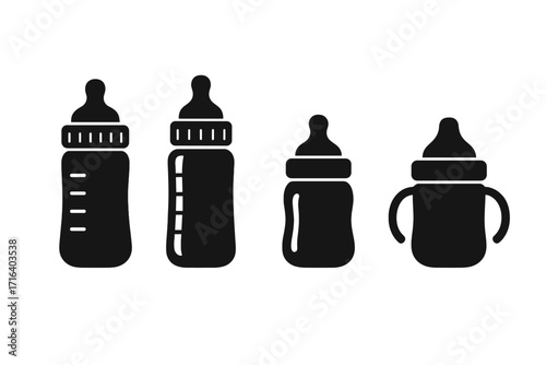 Set of baby bottle silhouette icons. Vector graphic collection for infant feeding, newborn care, and toddler nutrition. Minimalist flat design clipart of milk bottles and sippy cup.