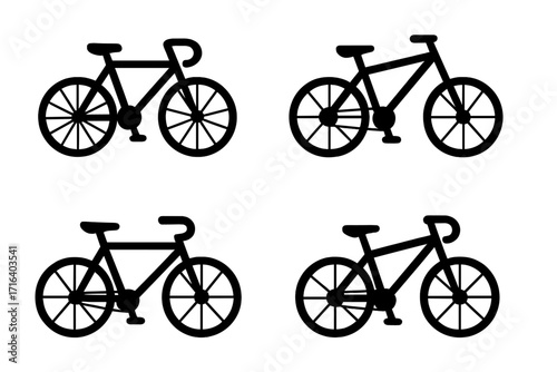 Bicycle silhouette vector icon set. Minimalist collection of road bikes and mountain bikes for sport, fitness, and cycling themes. Simple black graphic design elements isolated.