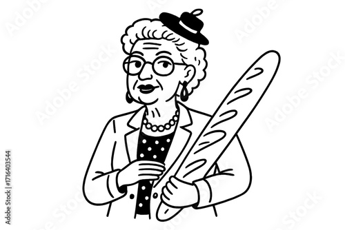 Fashionable senior woman holding a baguette. Chic elderly lady in Paris. Stylish grandmother with bread. Modern French lifestyle. Hand-drawn black and white vector cartoon.