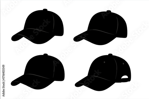 Set of baseball cap silhouettes in various styles. Black vector icon collection of hats from different angles. Headwear fashion accessory template and sport cap mockup design.