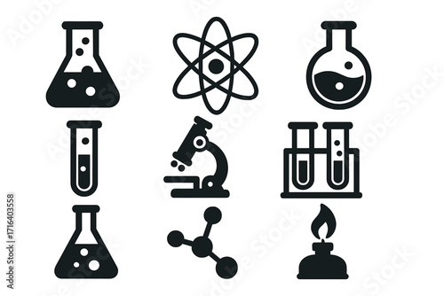 Science icons set featuring laboratory equipment, atomic symbols, microscope, test tubes, chemical flasks, molecule model, Bunsen burner in modern black silhouette style, vector illustration