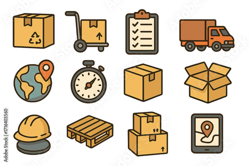 Vector icon set of shipping, logistics, and delivery. Cartoon icons for inventory management, cargo transport, package tracking, warehouse, pallet, and global freight.