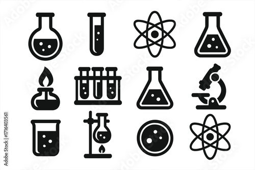 Science icons set featuring modern black silhouette lab equipment and atomic symbols, test tubes, flasks, microscope, burner, chemistry and biology symbols, vector illustration