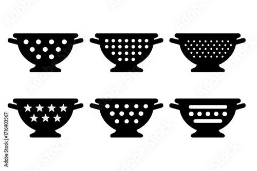 Silhouette set of six colander icons with varied hole patterns, kitchen strainer vector illustration, cooking utensil with handles, transparent background, kitchen tool collection