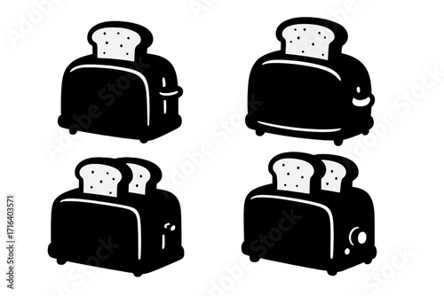 Silhouette set of retro toasters with bread slices in black and white, vintage kitchen appliance vector icons, cartoon illustration collection with transparent background, classic toaster designs