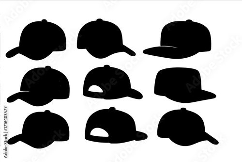 Set of baseball cap silhouettes in various styles and angles. Vector collection of sports hat icons for apparel design. Headwear fashion accessory illustration pack isolated.