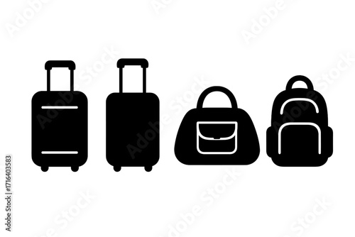 Minimalist silhouette travel bag icons set, modern luggage collection with suitcase, handbag, backpack designs, vector cartoon illustration, transparent background, ordered set for travelers
