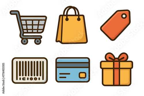 Shopping and retail icons set with shopping cart, paper bag, price tag, barcode, credit card, and gift box. Colorful vector cartoon illustration with transparent background, ordered set.