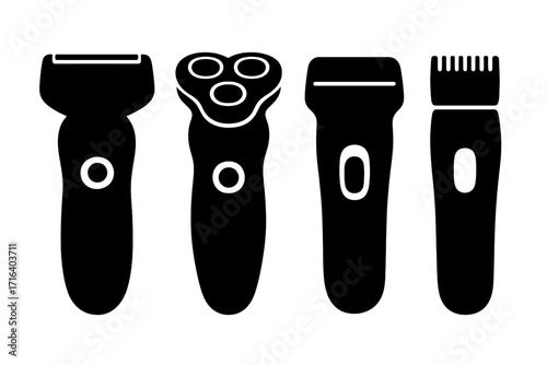 Electric shaver and trimmer vector icon set. Collection of black silhouettes for male grooming, hygiene and personal care. Rotary and foil shavers, beard trimmer, hair clipper.