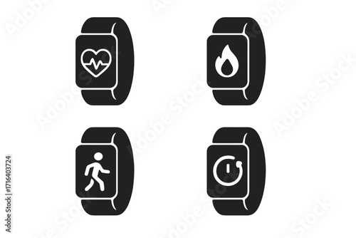 Fitness tracker icons set. Smartwatch with health and activity symbols. Heart rate monitor, calories burned, steps counter, and workout timer. Sport bracelet glyphs. Vector.