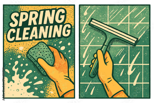Spring cleaning concept illustration with hand wiping tile and window using sponge and squeegee tools, disinfecting surfaces, household cleaning and home hygiene routine