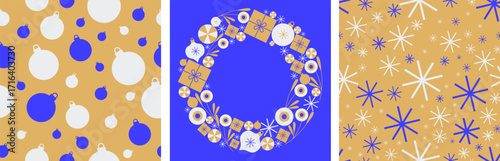 Cheerful christmas  and New Year ornaments seamless set poster, wreath, and snowflake motifs