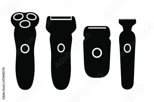 Set of electric shaver, trimmer, and razor silhouettes. Vector icon collection for male grooming, personal care, and hygiene. Barber shop tools for beard and hair styling.