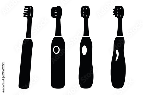Electric toothbrush set in silhouette style. Vector illustration of dental care tools. Oral hygiene concept. Icon collection for teeth cleaning. Modern bathroom accessory device.