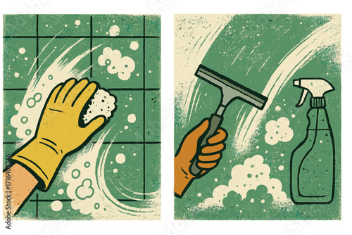 Spring cleaning illustration with halftone collage style, hand scrubbing tiled surface with sponge, window cleaning with squeegee and spray bottle, disinfecting and cleanup concept