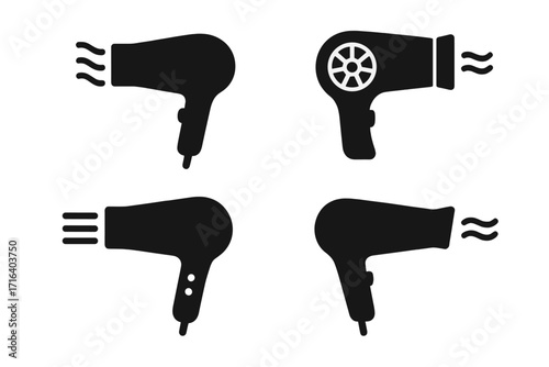 Hair dryer icon set. Minimalist silhouette style. Vector graphic symbols. Beauty salon. Hairdressing tool. Blow dryer appliance illustration. Grooming and hair care concept.
