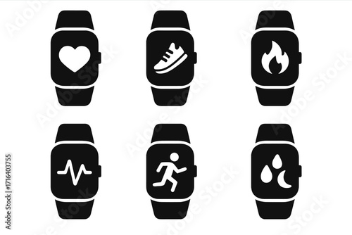 Fitness tracker smartwatch icon set. Health and activity symbols for workout apps. Vector glyphs for heart rate, calories burned, steps, running, sleep, and hydration.