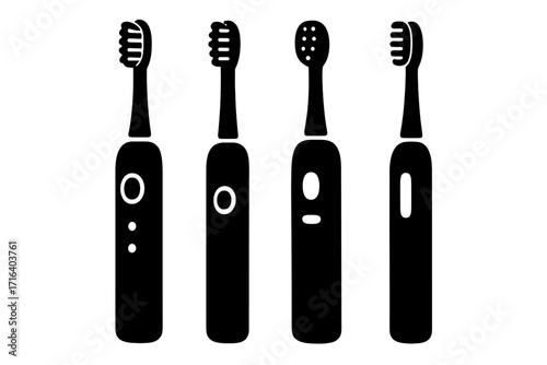 Electric toothbrush set in minimal silhouette. Vector icons for oral hygiene, dental care. Teeth cleaning concept. Healthy lifestyle and bathroom personal care items icons.
