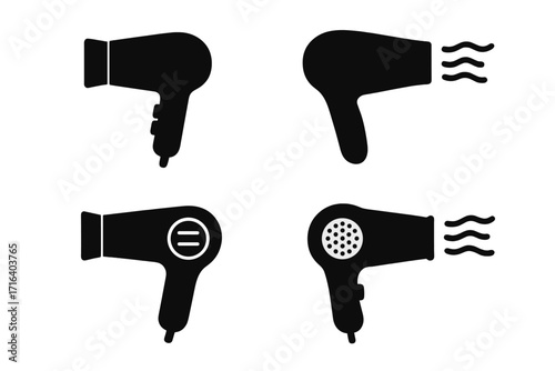 Hair dryer icon set. Vector blow dryer glyph collection. Minimalist silhouette pictogram for hair care, salon, barbershop. Electrical appliance symbol for hair styling.