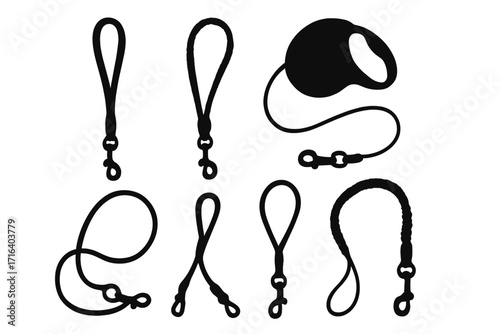 Set of dog leash silhouettes in various styles. Pet leads collection, retractable leash, rope lead. Vector graphic for dog walking service, pet store, animal care concept.