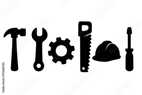 Silhouette icons of construction tools hammer wrench gear saw helmet screwdriver set, vector cartoon illustration, transparent background, ordered toolkit for repair and building