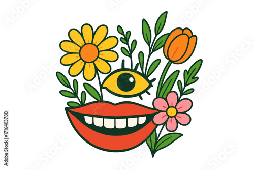Bright spring vibes illustration with smiling female lips, cheerful eye, colorful flowers, halftone art collage, positive emotion, sunny day, happiness, botanical garden vector