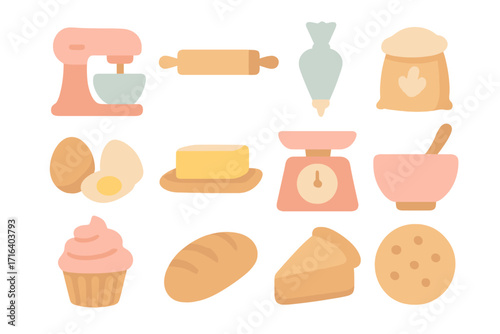 Baking and cooking icons set. Flat cartoon vector illustration for culinary design. Kitchen equipment, ingredients, and pastry symbols for recipes or bakery branding concepts.