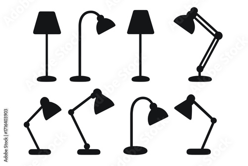 Lamp silhouette vector icon set. Collection of simple black floor and desk lamps. Modern and classic electric lighting equipment for home office interior design element.