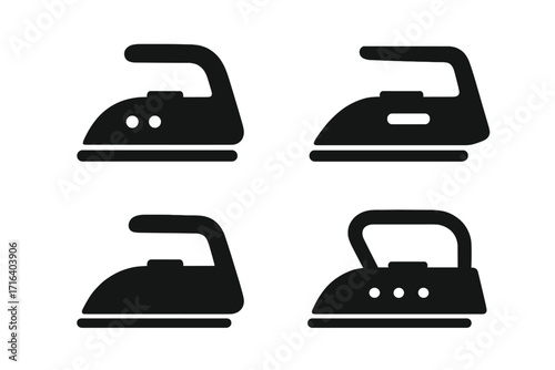 Set of iron silhouettes. Classic home appliance icons for laundry service. Vector illustration of clothes pressing and steaming equipment. Minimalist black flat design elements.