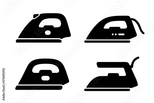 Set of iron silhouettes. Minimalist black icons of classic household appliances for laundry and ironing. Domestic equipment symbols. Vector graphic illustration collection.