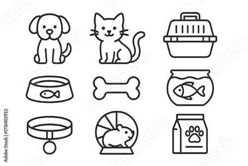 Simple outline icons of pets and pet accessories. Vector cartoon illustration with transparent background. Dog, cat, pet carrier, food bowl, bone, fishbowl, collar, hamster wheel, pet food bag set.