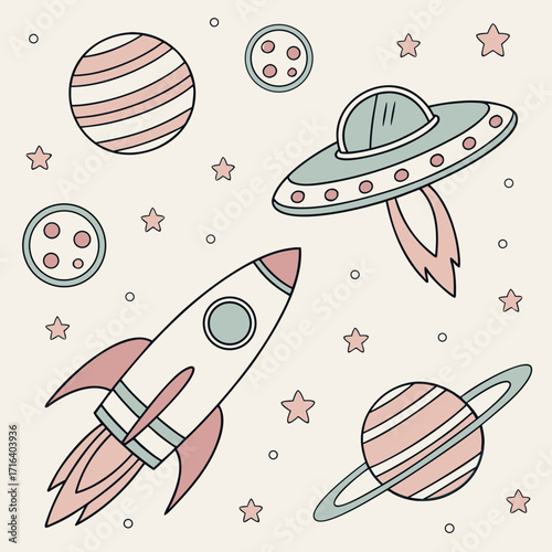 Seamless kids pattern with rockets planets and ufos vector illustration for childrens designs