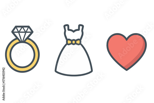 Wedding icon set with engagement ring, bridal dress, and love heart symbol. Flat vector cartoon illustration for marriage celebration, romance design, and save the date card.