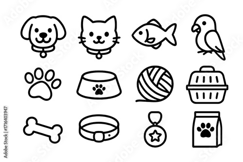 Simple outline icons of pets and pet accessories including dog, cat, fish, bird, paw print, food bowl, yarn ball, pet carrier, bone, collar, medal, and pet food bag for pet care and animal lovers