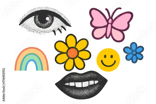 Trendy contemporary halftone eye and mouth with bright naive Y2K style flowers, pink butterfly, smiley, and pastel rainbow, grain texture vector set for posters and banners