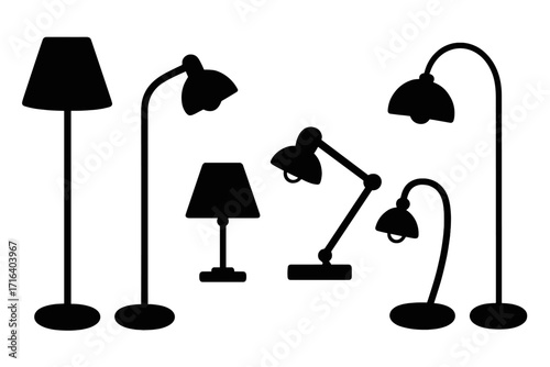 Set of lamp silhouettes. Collection of floor and desk lamps. Vector icons for interior design. Home furniture and decor elements. Simple black modern lighting equipment illustration.
