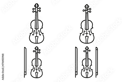 Set of linear violin icons in minimalist style. String musical instrument symbol for orchestra or classical music concert. Fiddle and bow vector outline illustration logo.