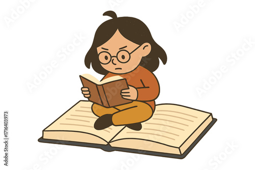 Smart bookworm kid studying. Focused girl reading on giant book. Education, literature, and knowledge concept. Cute cartoon character vector for library or school themes.