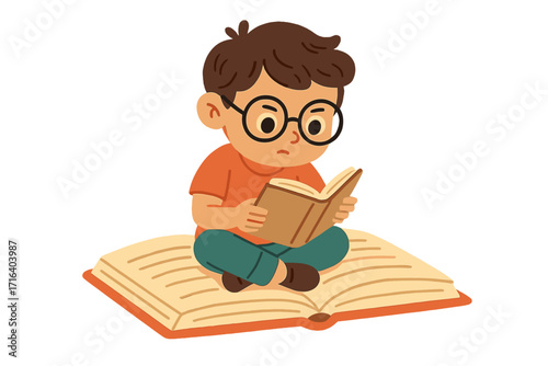 Smart boy with glasses reading on a giant book. Little bookworm, student concept. Education, learning, literature, school, knowledge. Flat hand drawn vector cartoon illustration.