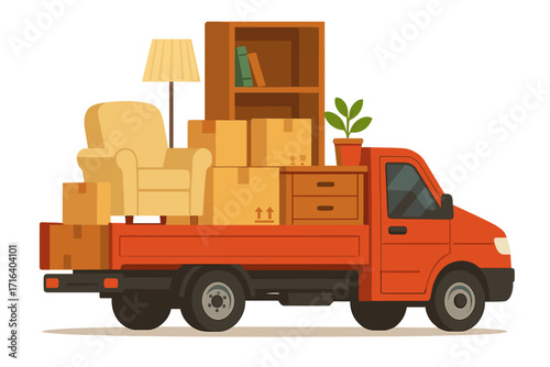 Moving to new house concept with furniture and cardboard boxes on red pickup truck, relocation to new home banner, packed armchair, lamp, bookshelf, plant, drawer